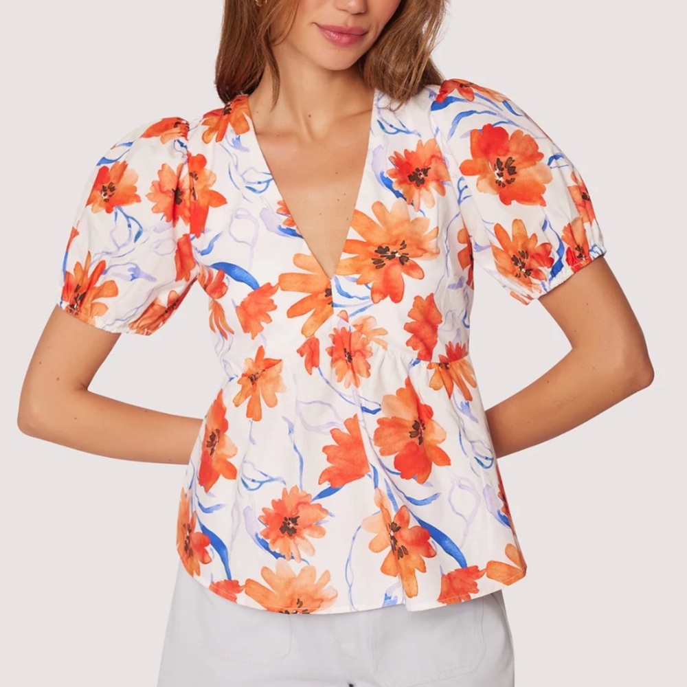 NWT Lost + Wander Anthropologie Size‎ Large Orange and Blue Floral Blouse